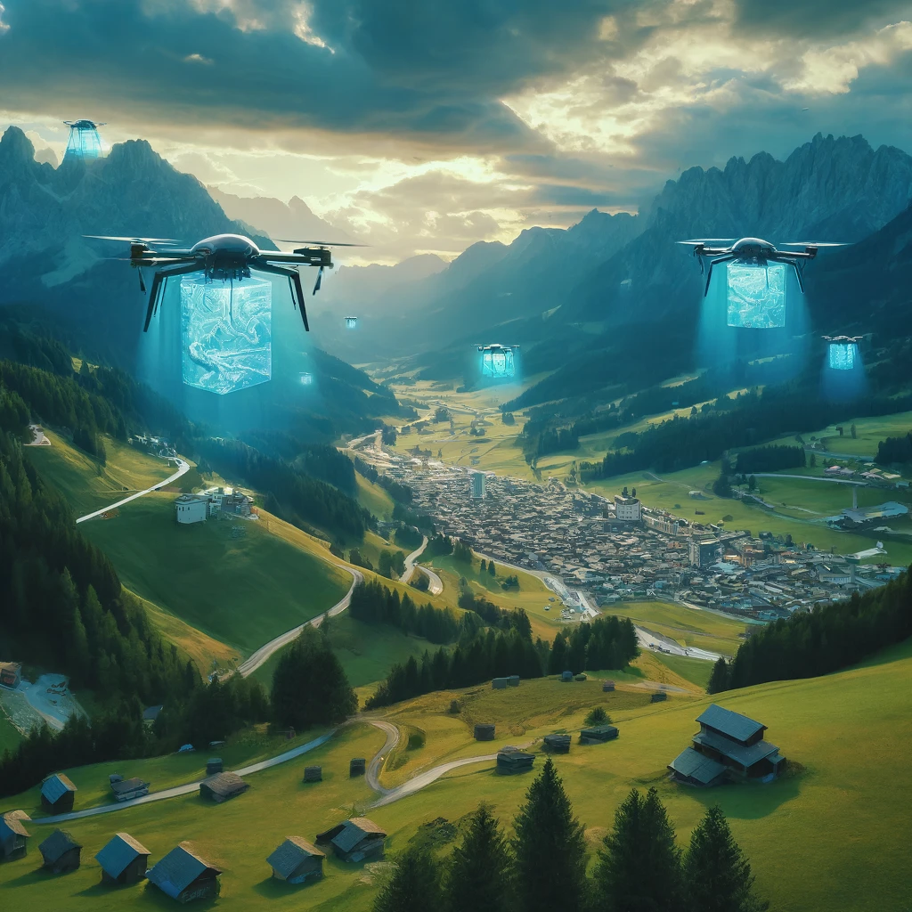 Drohnen fördern in Tirol die lokale Kultur und Umweltschutz durch holografische Projektionen von kulturellen Veranstaltungen über einer Almwiese.