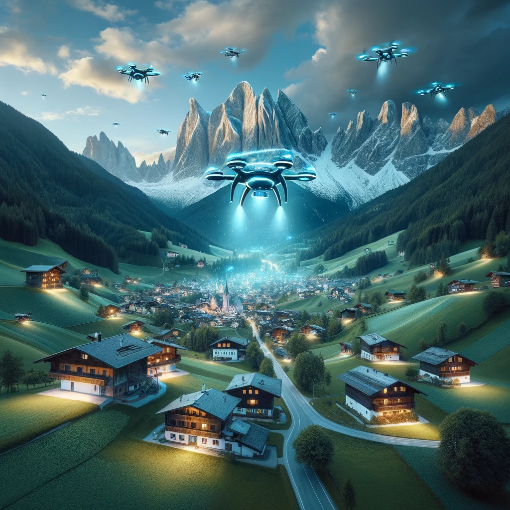 Drohnen fliegen über die malerische Landschaft Tirols, projizieren interaktive Werbeinhalte und vereinen fortschrittliche Technologie mit traditioneller Architektur. Drohnen im Marketing.