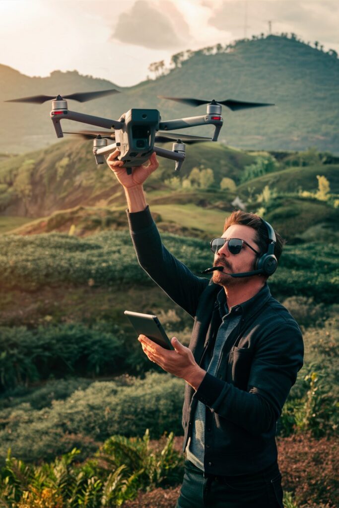 Mann mit Sonnenbrille und Kopfhörern startet Drohne für Imagefilm-Aufnahmen im Hügelland bei Sonnenuntergang