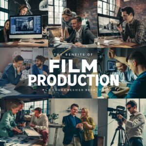 Team von Filmproduzenten arbeitet zusammen an verschiedenen Aspekten einer Imagefilm Produktion in kreativer Büroatmosphäre