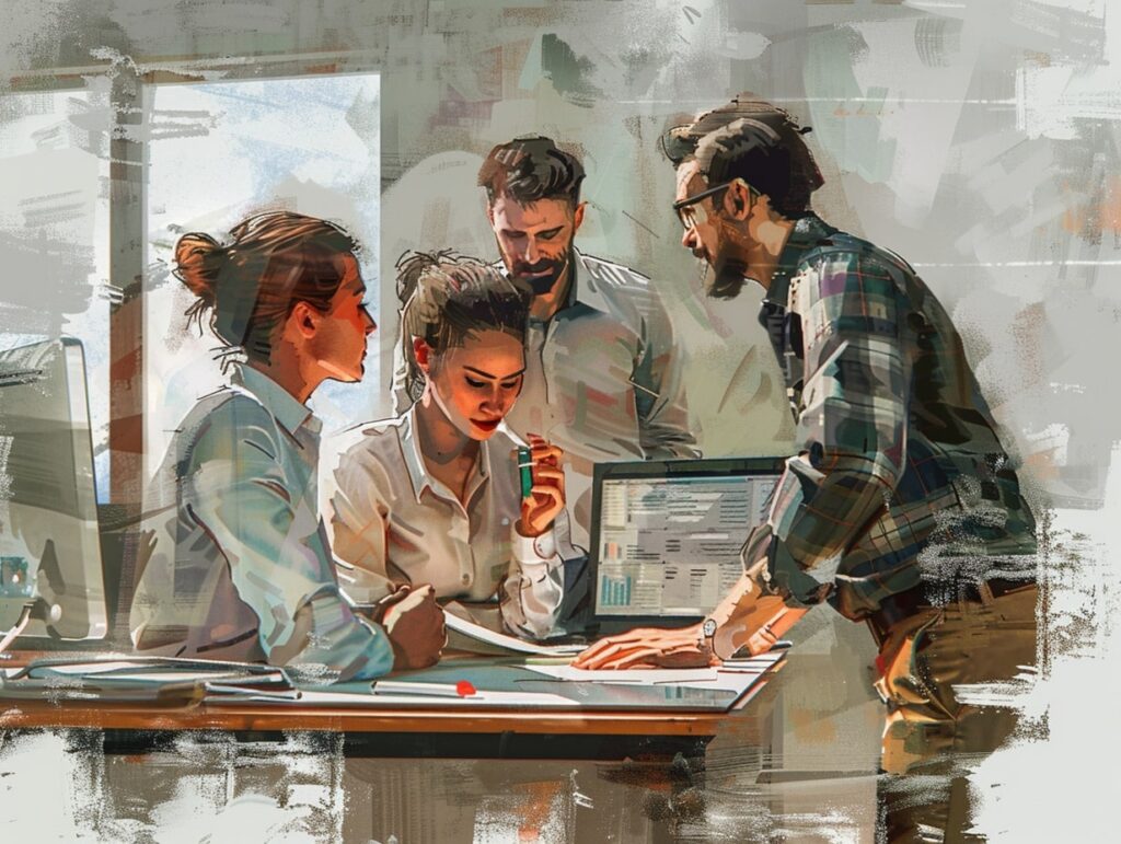 Ein Team von vier Personen diskutiert intensiv in einem modernen Büro, während sie Dokumente und Computerbildschirme betrachten.